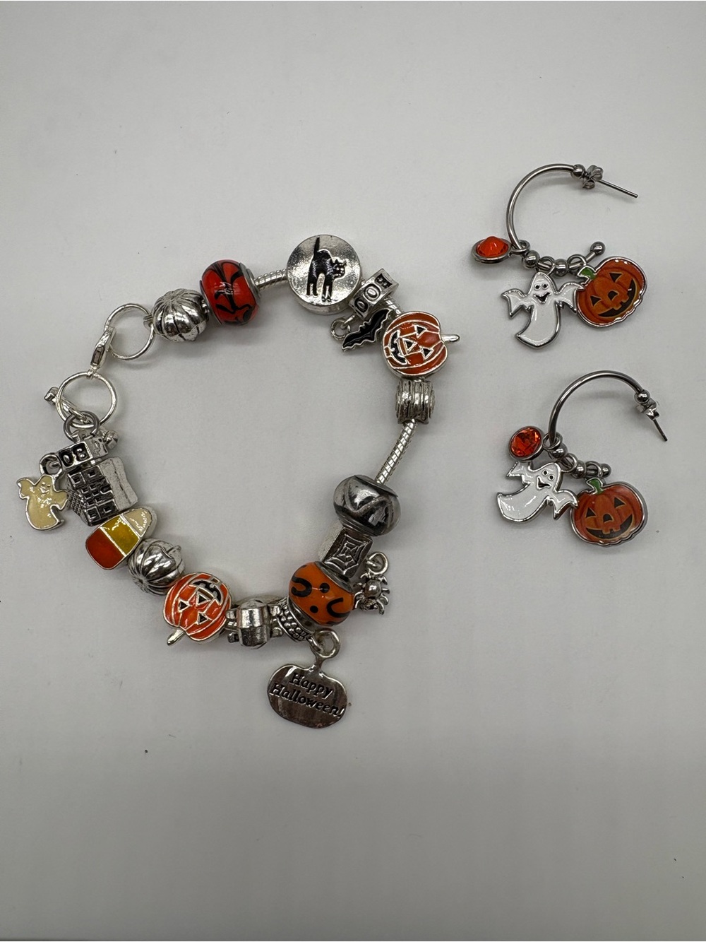 Halloween Charm Bracelet & Pumpkin Ghost Hoop Earrings - Silver